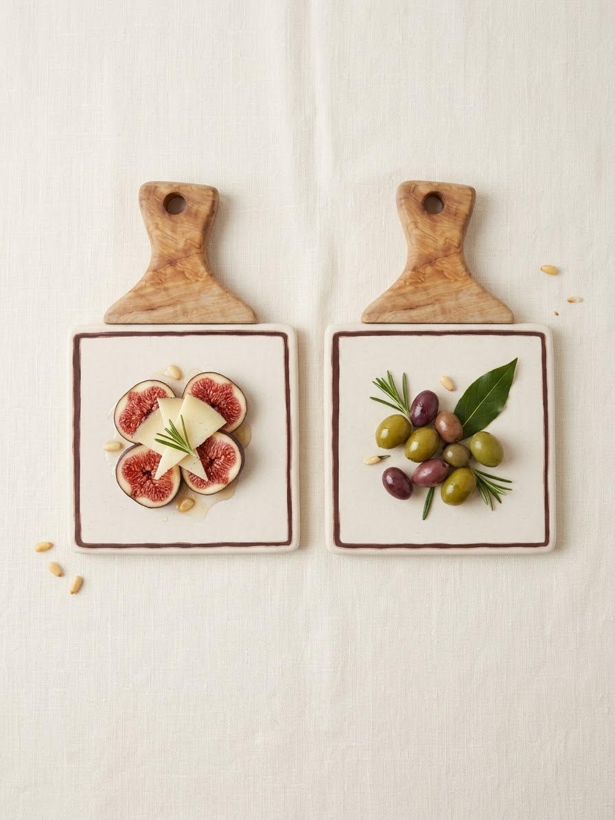 "Palas"  Pack de dos tablas de cerámica pintada a mano y madera de fresno. Ideal para servir alimentos.